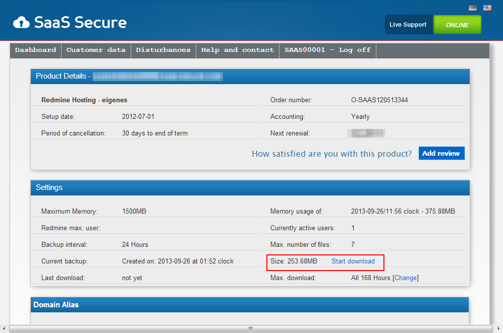 Start product backup download