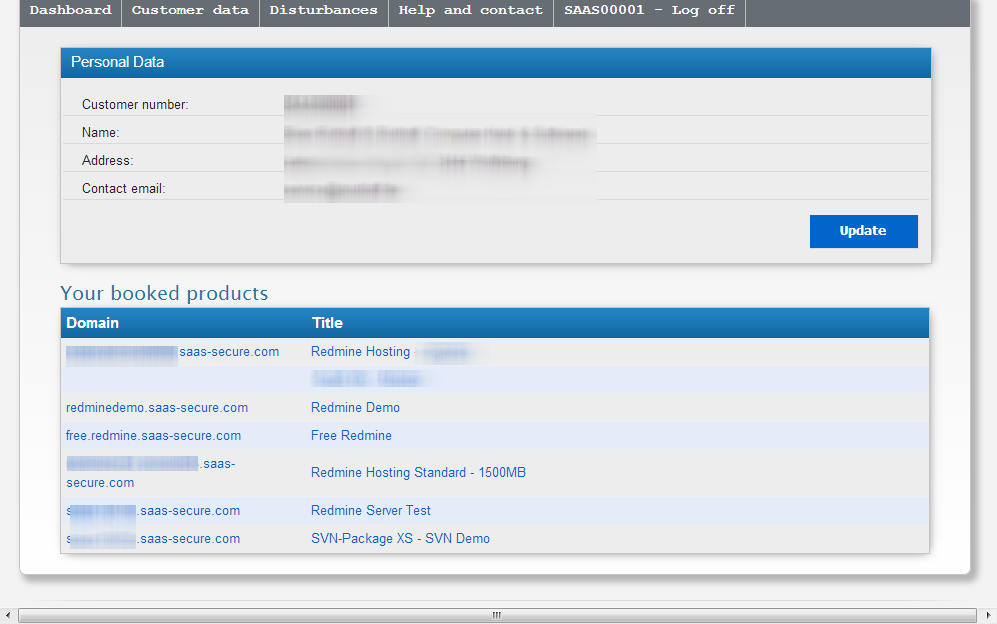 Customer-Center-Dashboard mit Produktliste