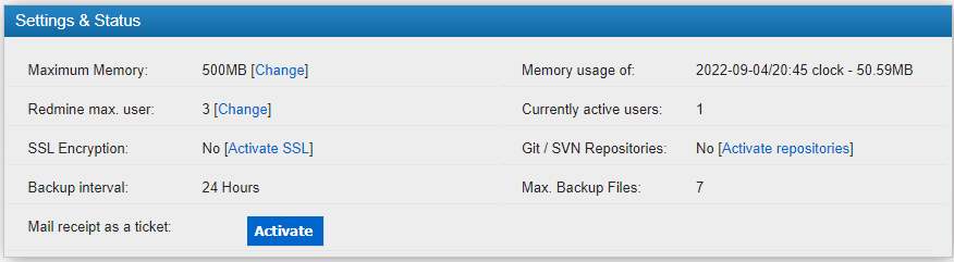 Redmine settings overview in the customer center