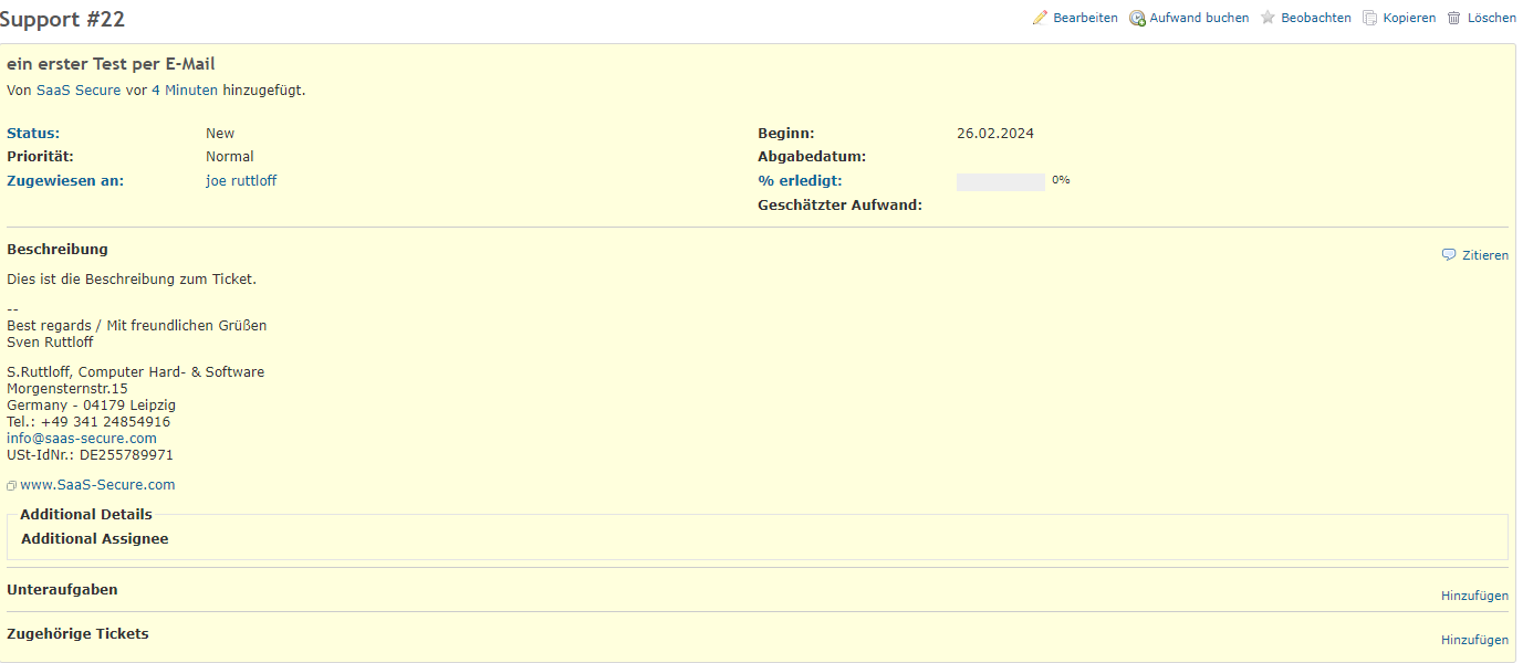 Redmine ticket created from email