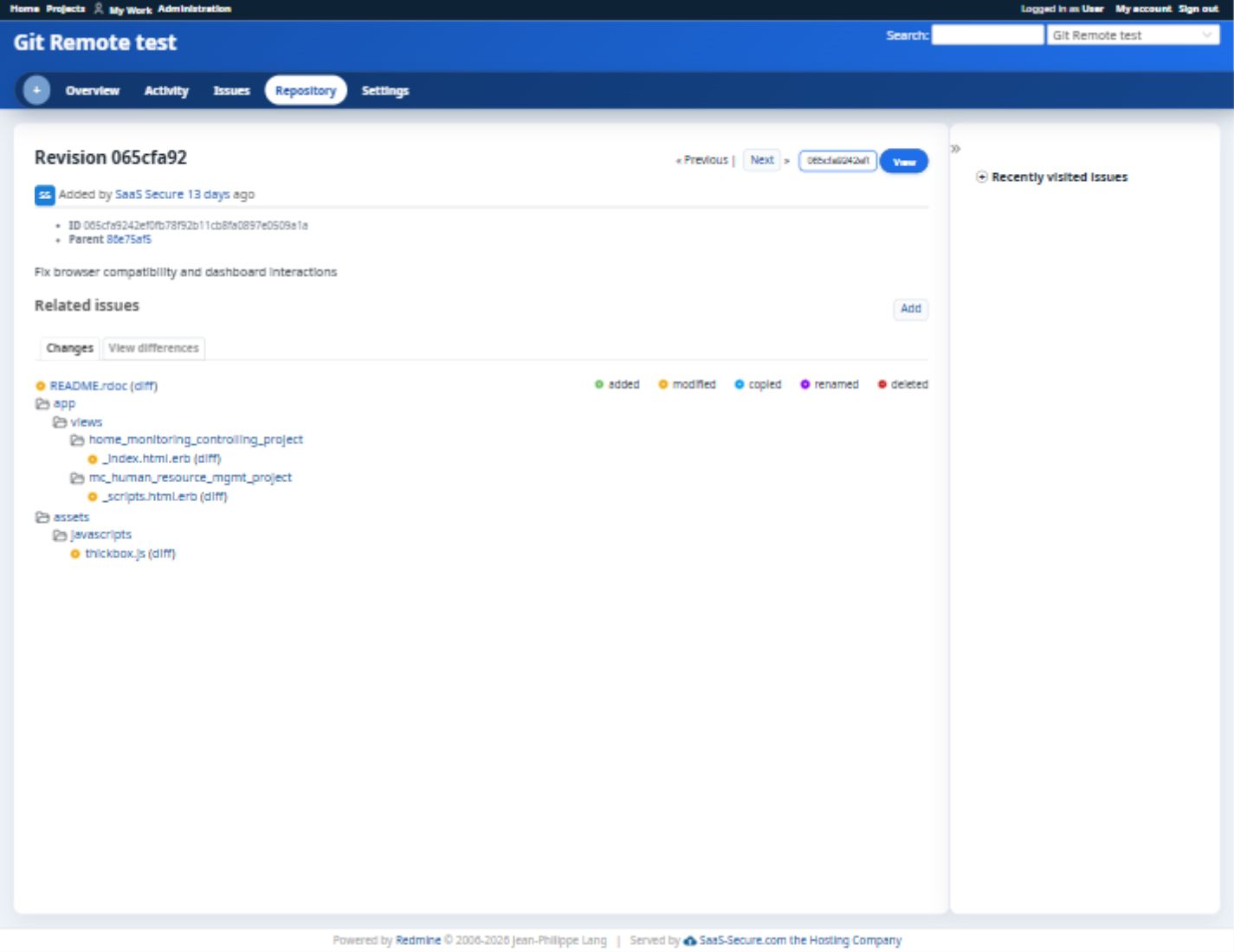 Commit metadata and changed paths in Redmine