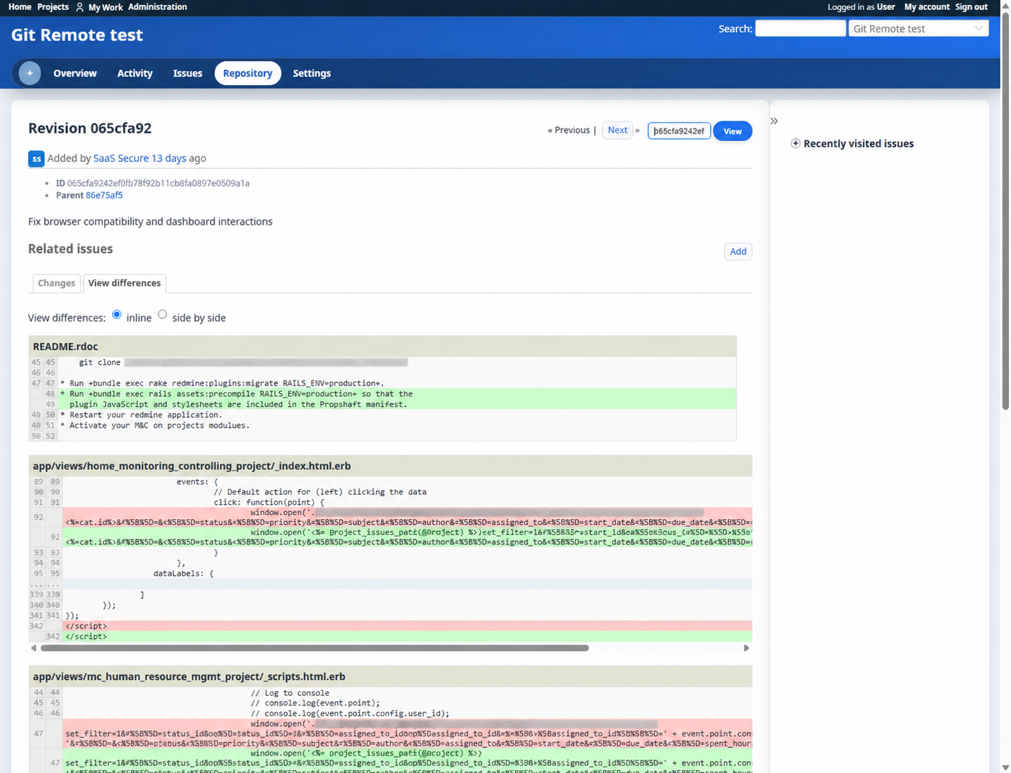 Unified source-code diff for a commit in Redmine with URLs redacted