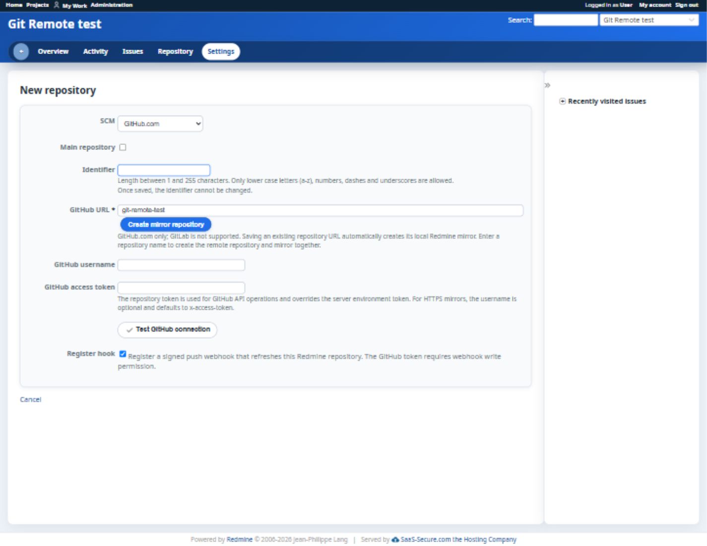 SCM Creator GitHub.com repository and mirror configuration form