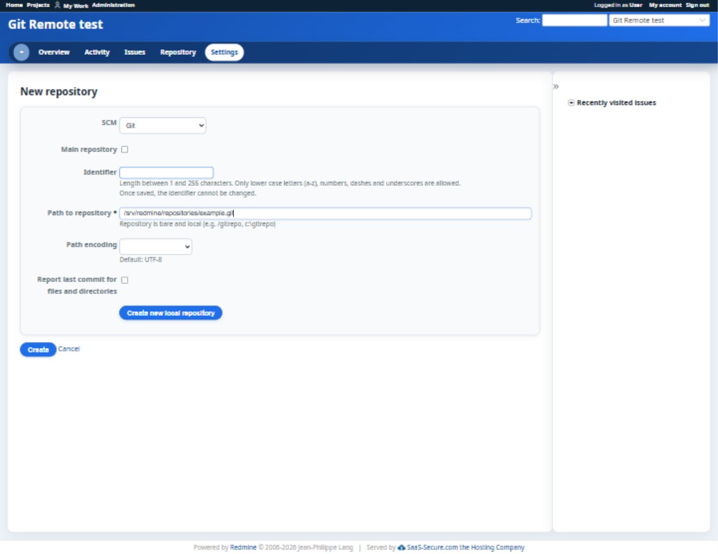 SCM Creator form for creating a local Git repository in Redmine
