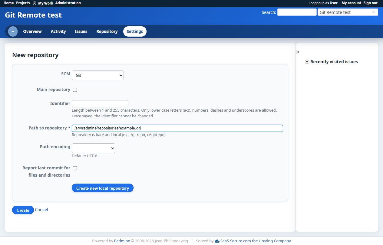 Local Git repository creation form in a narrow Redmine layout