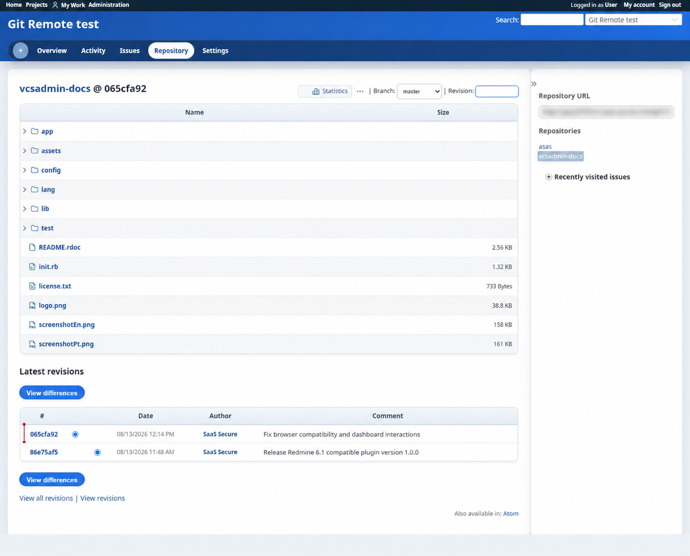 Source tree in the Redmine repository browser with the remote server URL redacted