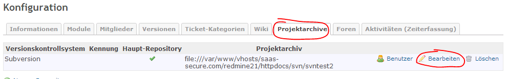 Redmine SVN Repository-Einstellungen