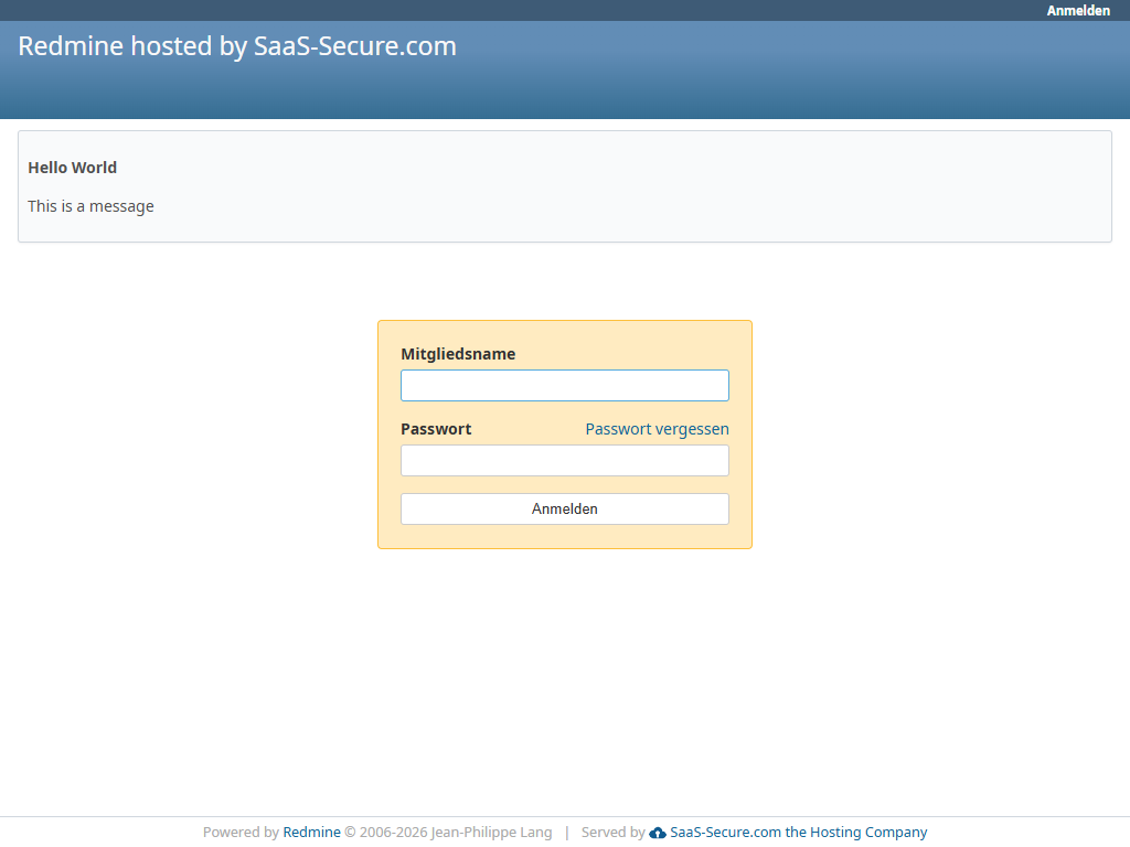 Redmine login page with a configured global login notice
