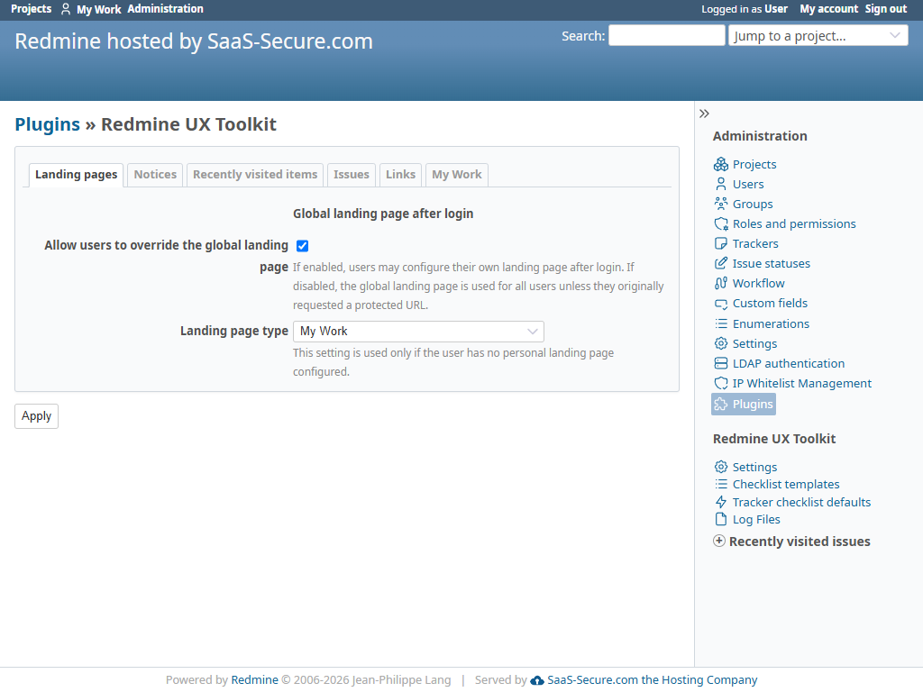 Landing page settings for global defaults and user override behavior