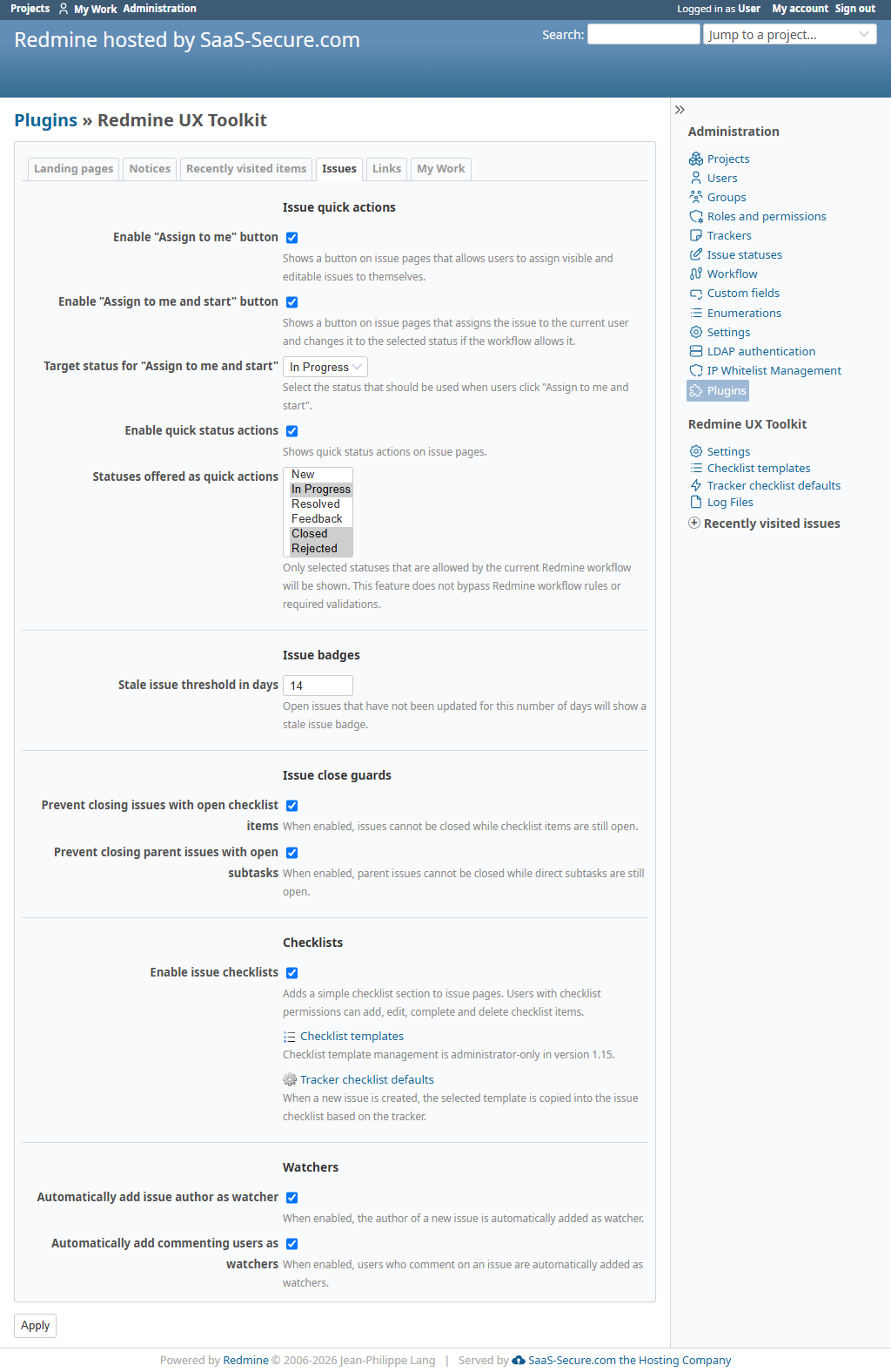 Plugin settings for issue actions, issue badges, checklists, close guards, and watcher automation