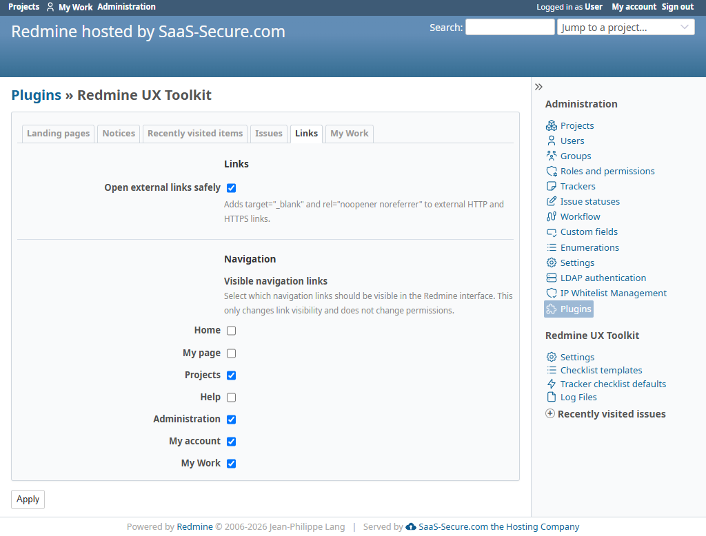 Settings for safe external links and visible Redmine navigation links
