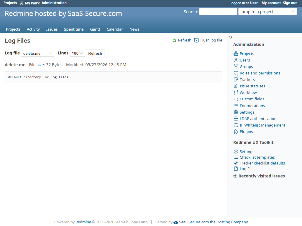 Administrator log file viewer showing selected Redmine log lines