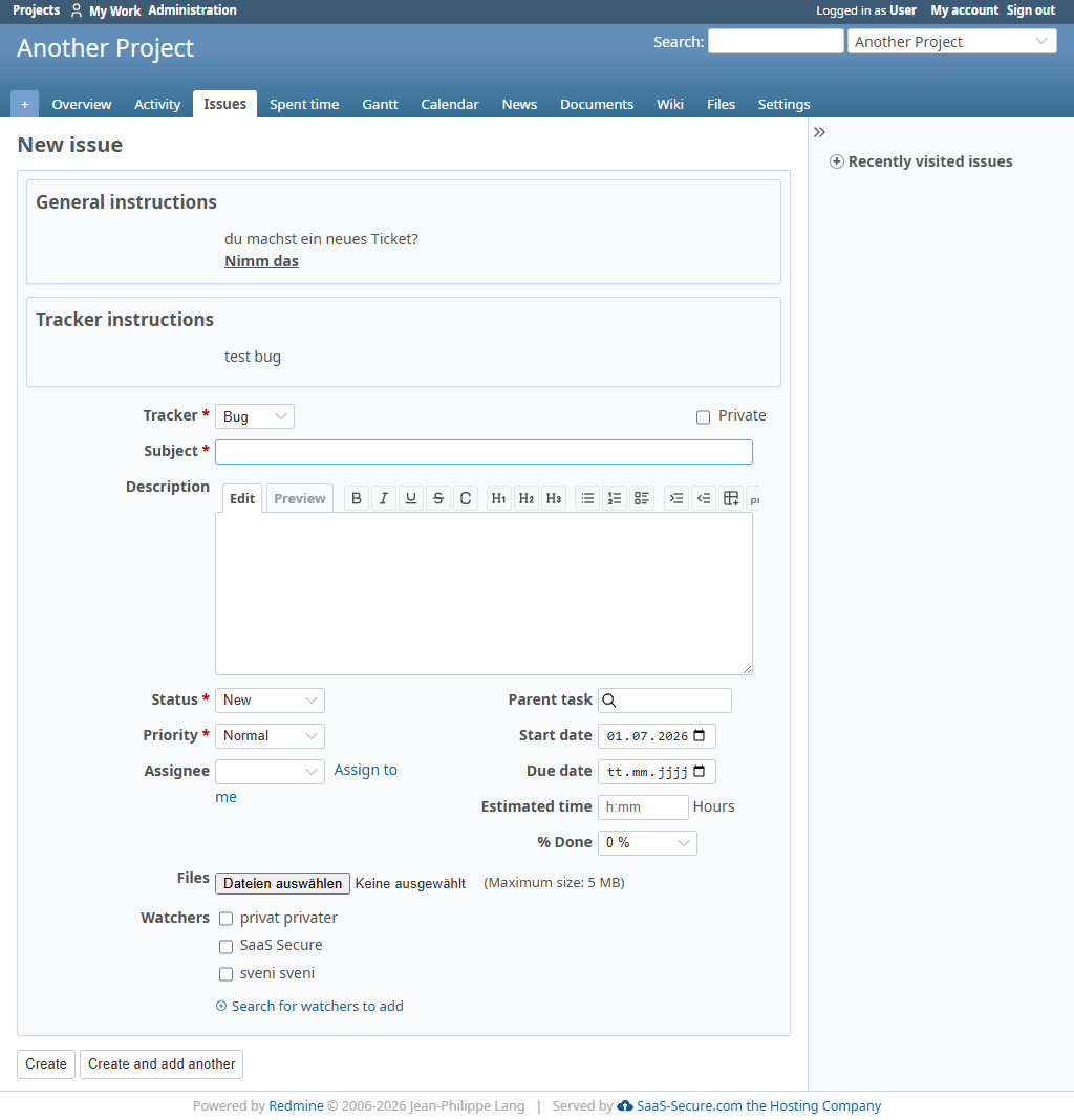 New issue form with global, project, and tracker notices plus watcher context