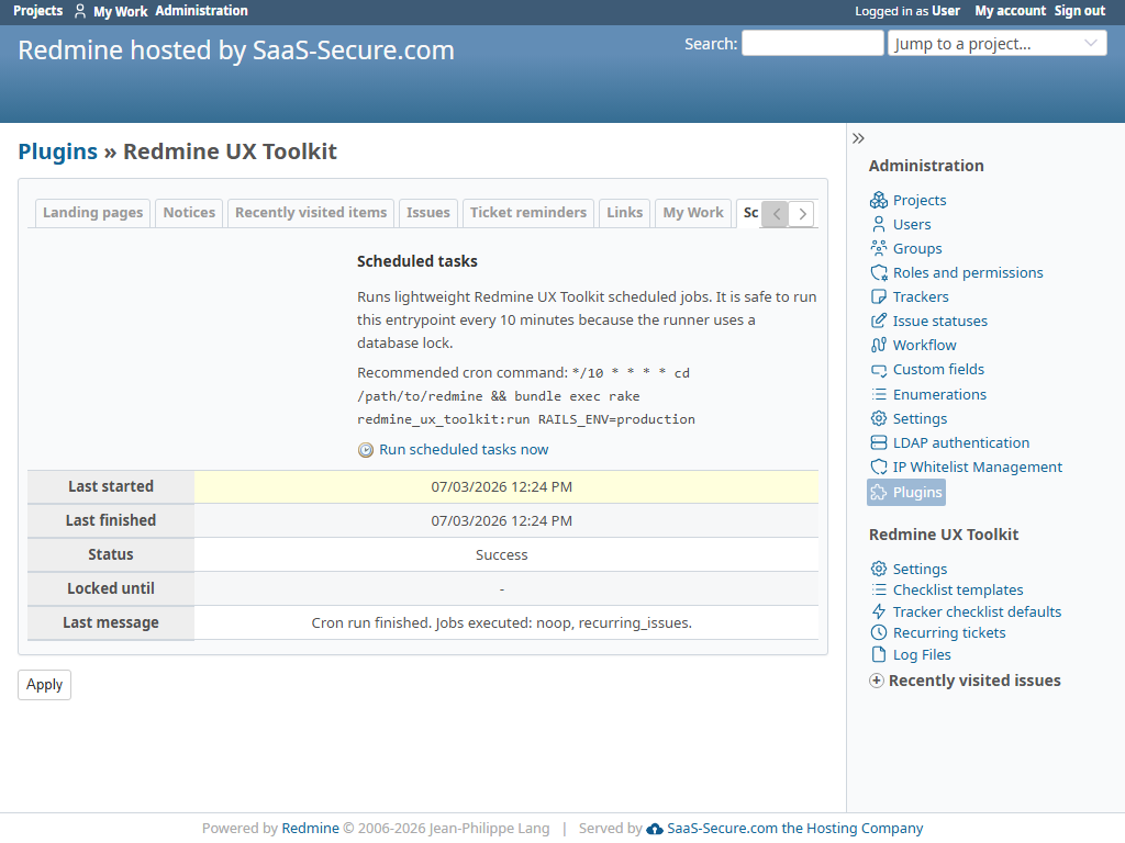 Scheduled Redmine UX Toolkit tasks and health status