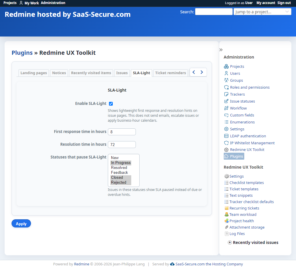 SLA-Light response time settings with first response and resolution timing controls