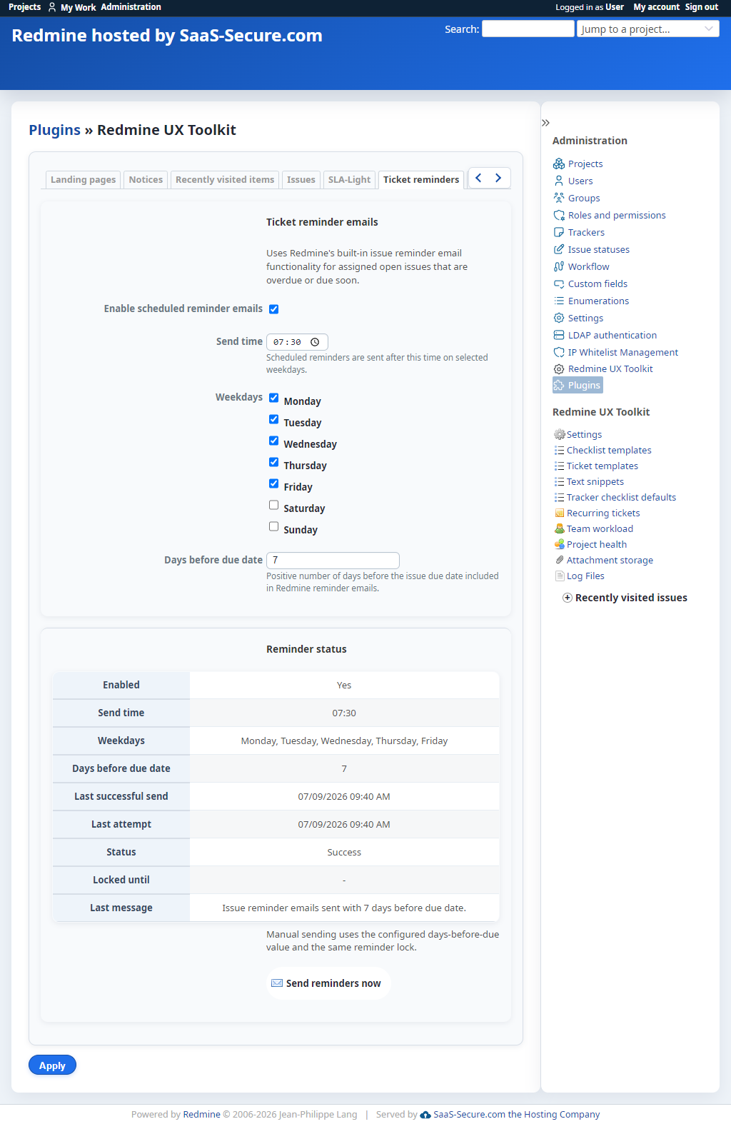 Consolidated scheduled tasks settings with reminder email timing and cron status