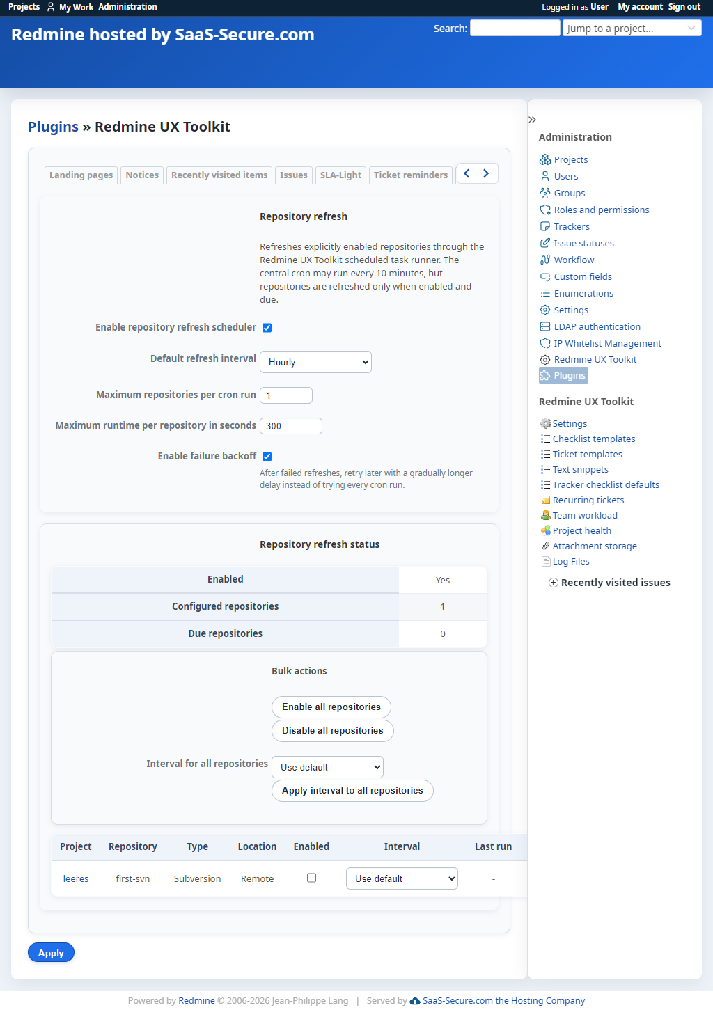 Repository refresh settings with scheduler controls, repository metadata, bulk actions, and intervals