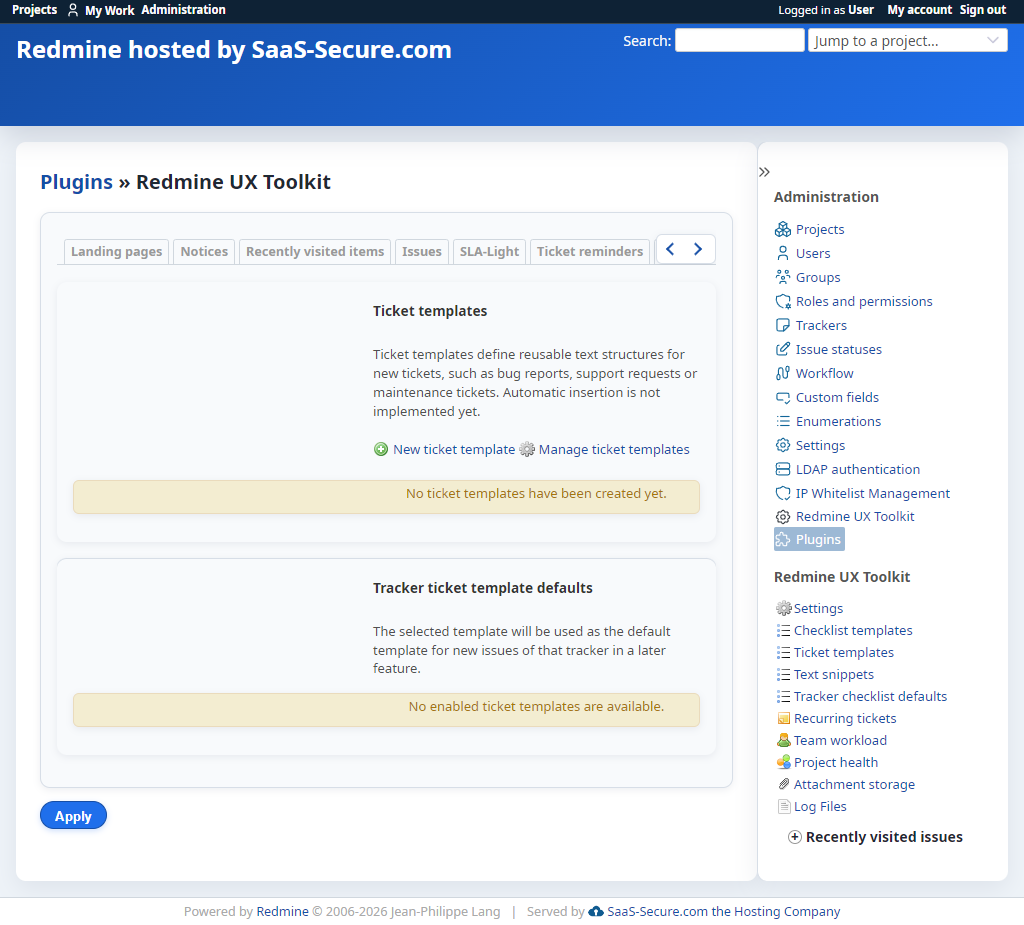 Ticket template settings with reusable issue subject and description templates