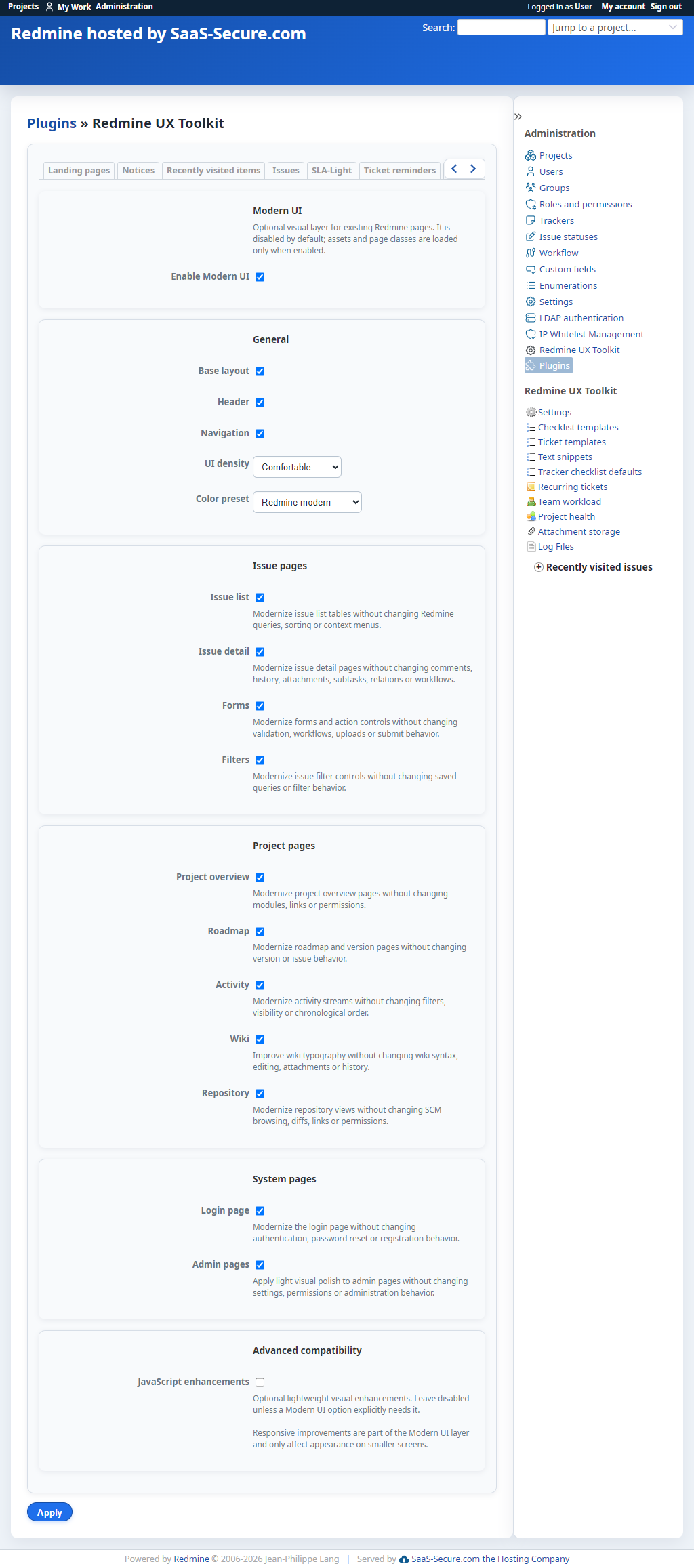 Modern UI settings with visual area toggles, density, color presets, and optional enhancements