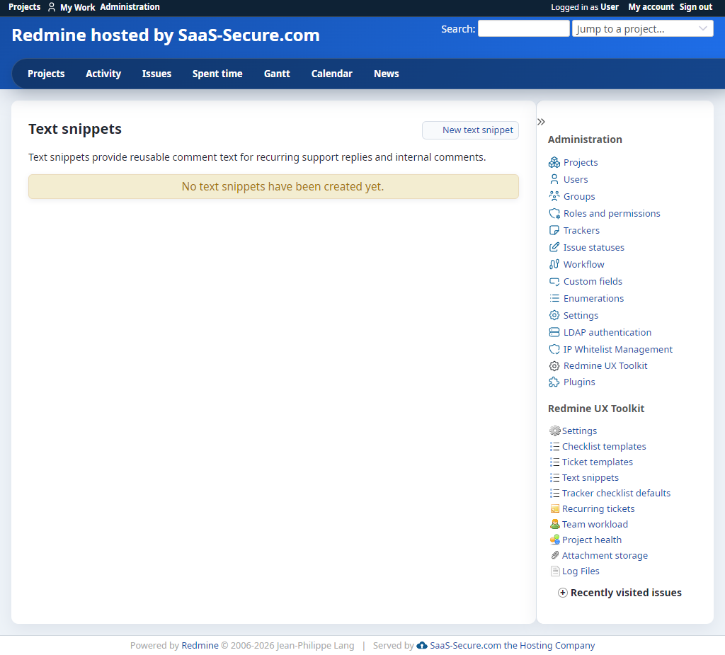 Text snippet administration with enabled snippets and management actions