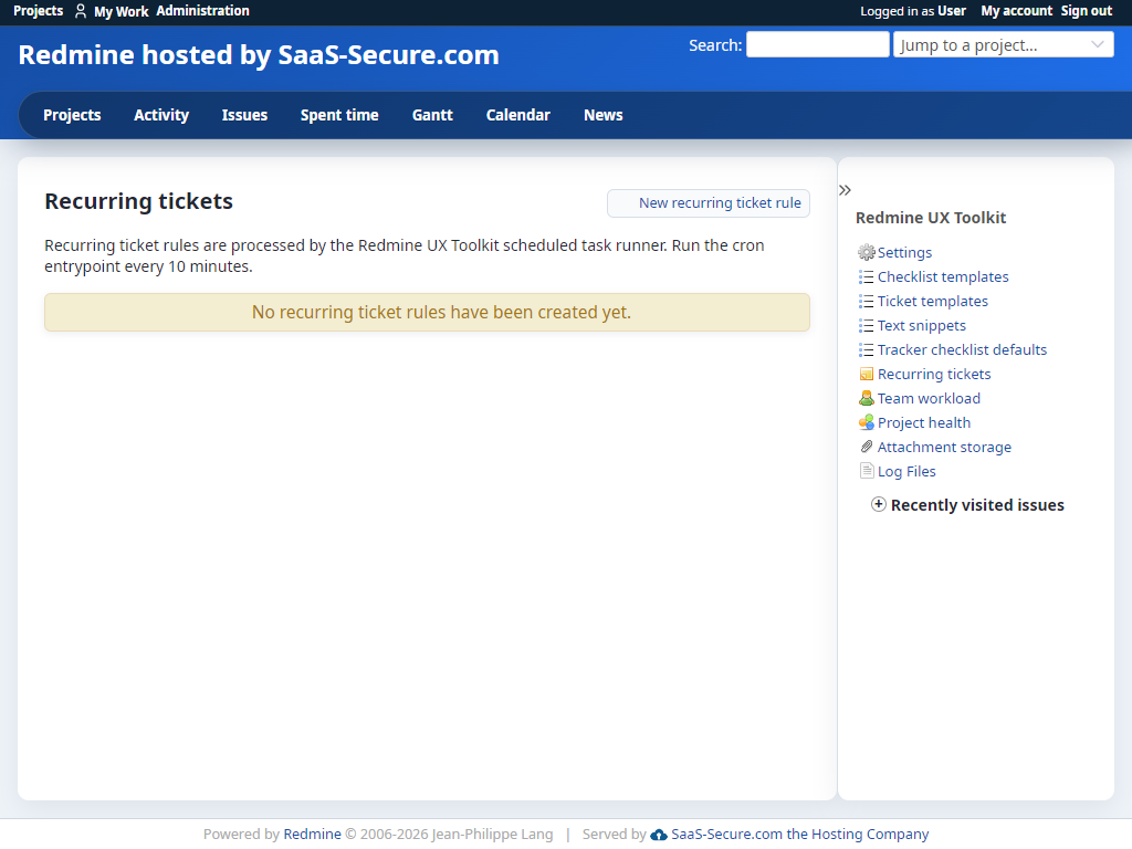 Recurring ticket rule administration with project and schedule details