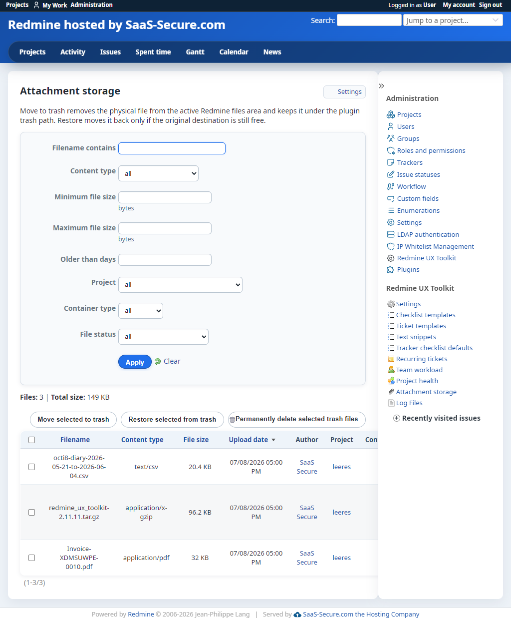 Attachment storage manager with filters, file status, size totals, and bin actions