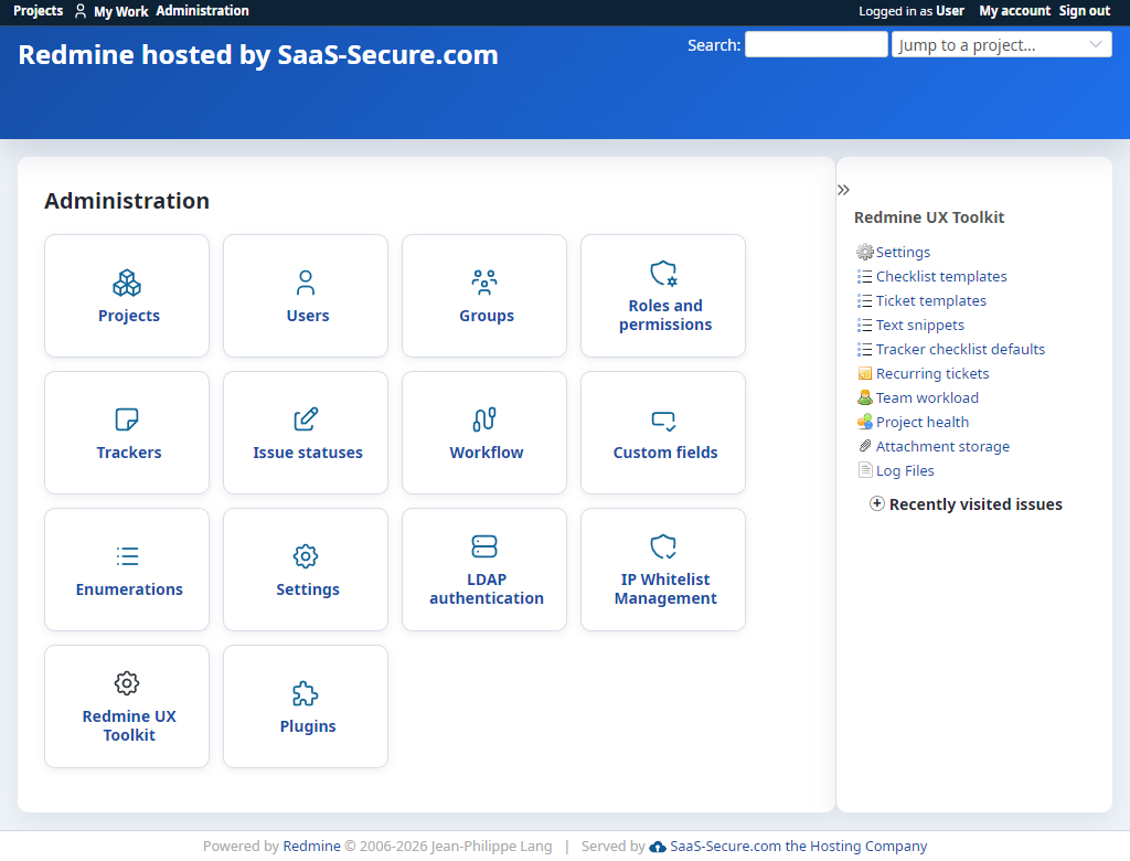 Modern UI administration overview with centered cards and stable Redmine icon rendering