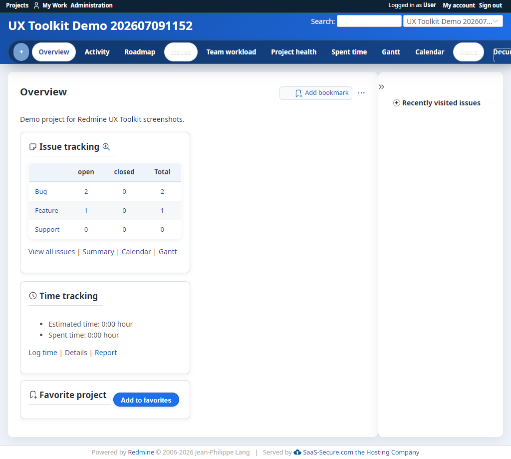 Modern UI project overview with project menu, wiki summary, members, and issue tracking blocks