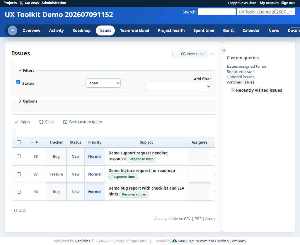 Modern UI issue list with clearer rows, filters, badges, and project navigation