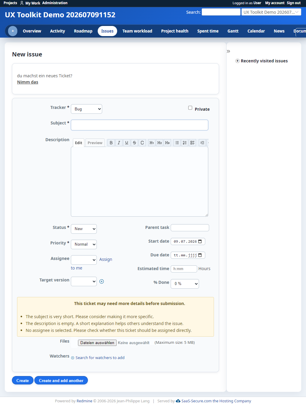 Modern UI new issue form with ticket template insertion and issue quality warnings