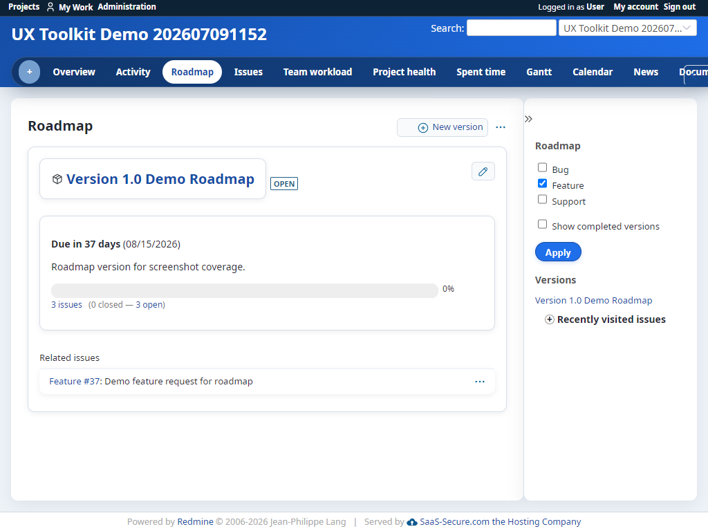 Modern UI roadmap page with version progress and issue summaries