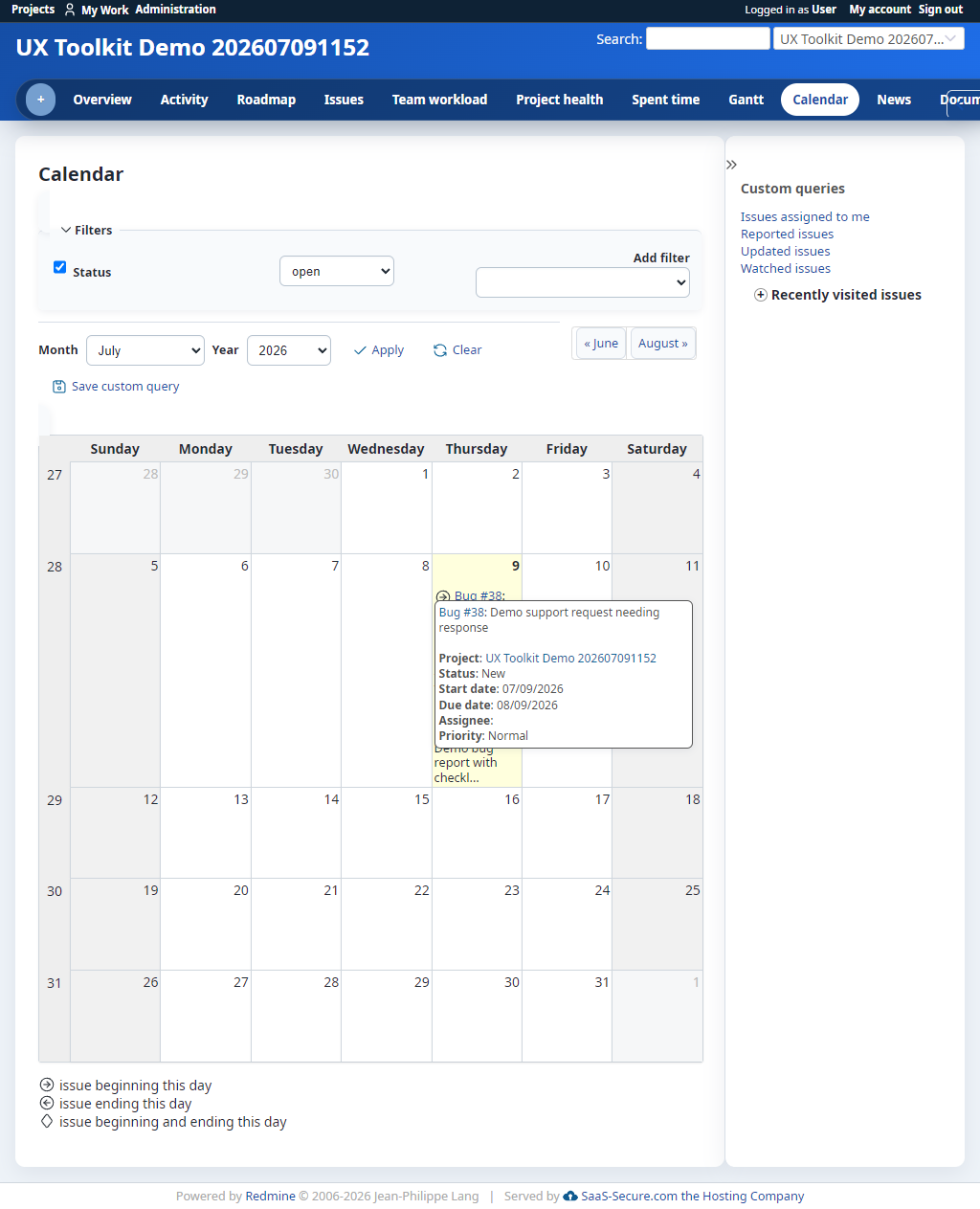 Modern UI calendar with visible issue hover context
