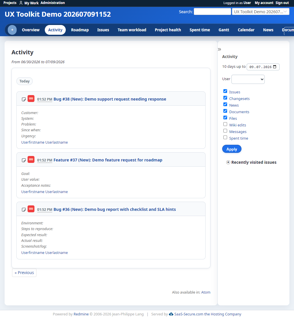 Modern UI project activity page with filters and activity entries