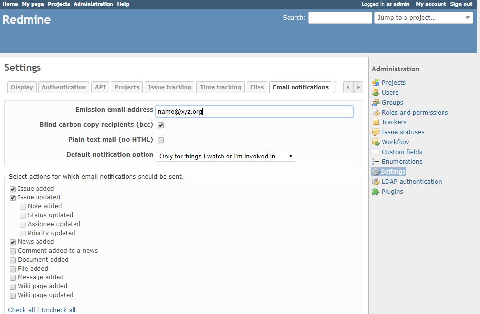 Redmine email notification settings