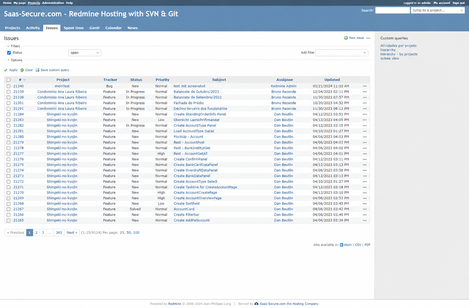 Redmine issue overview in a hosted project workspace