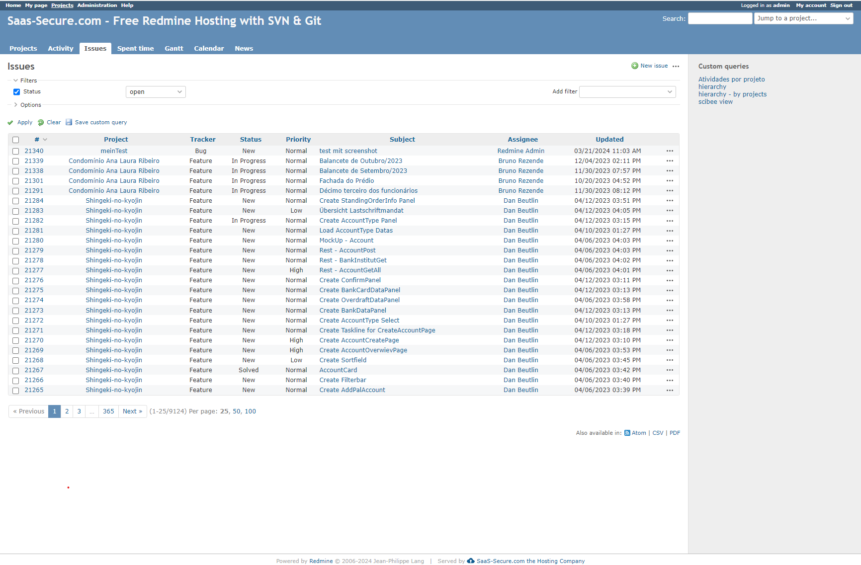 Redmine issue overview in a hosted project workspace
