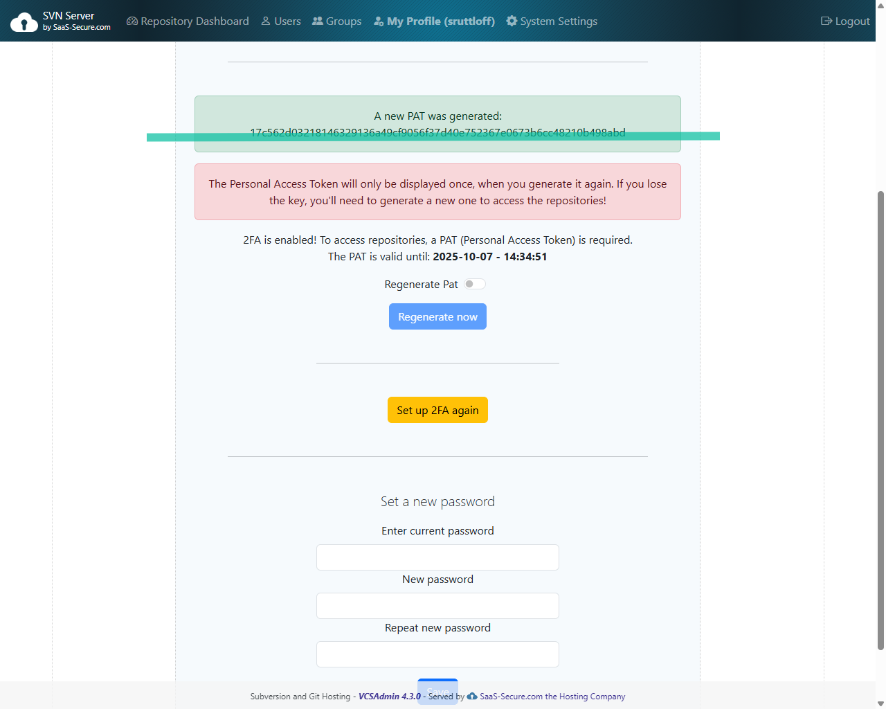 Personal access token shown on creation