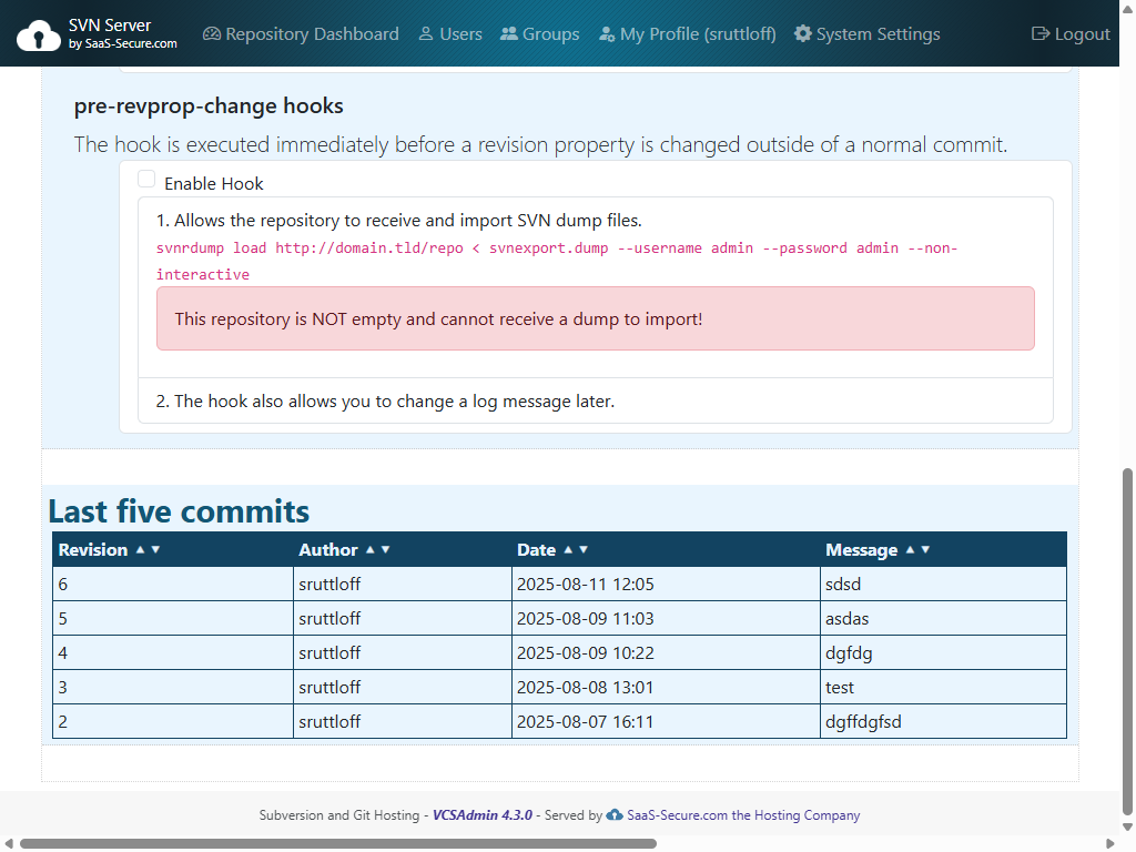 View of the last five commits in a repository