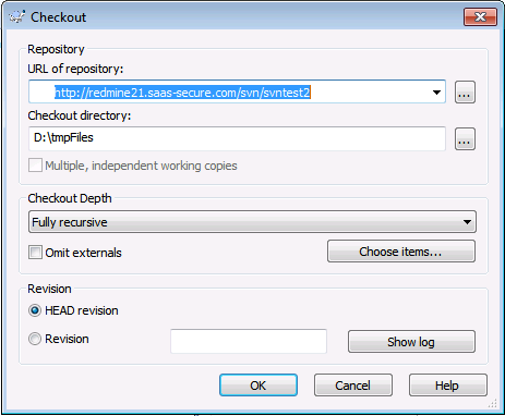 SVN-Checkout-Dialog mit Quell-URL und lokalem Zielordner