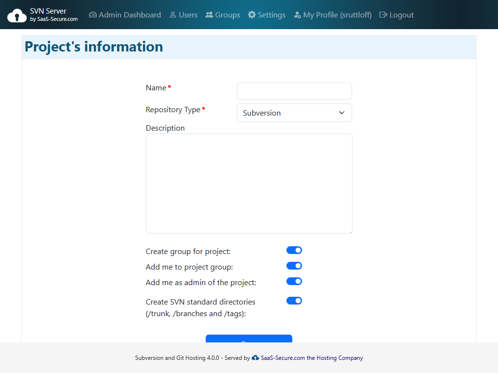 Dashboard mit Repositories und Gruppen