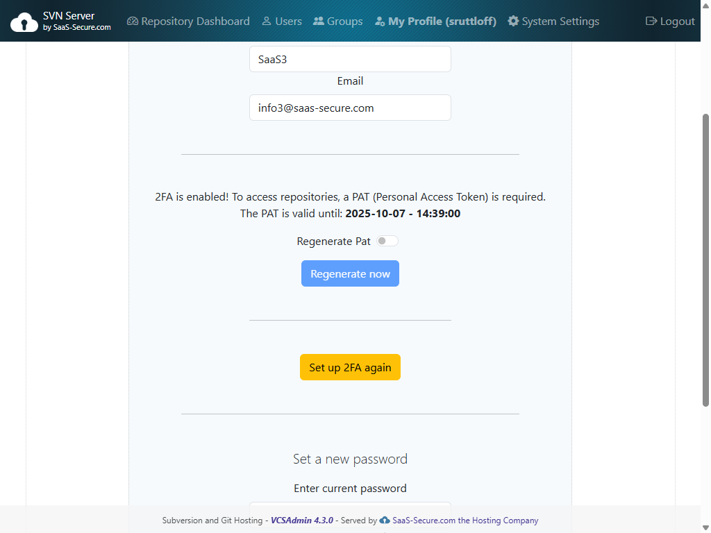 User Profile shows PAT validity