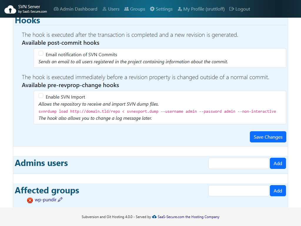 Repository-Ansicht mit Benutzern, Gruppen und Hooks