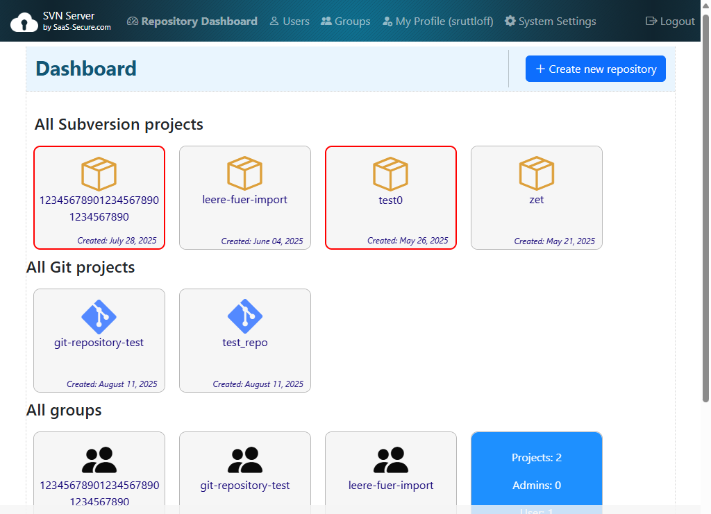 Dashboard with all your repositories and groups