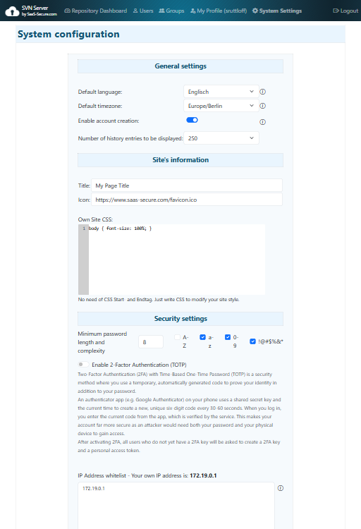 Einstellungen der Admin-Oberfläche