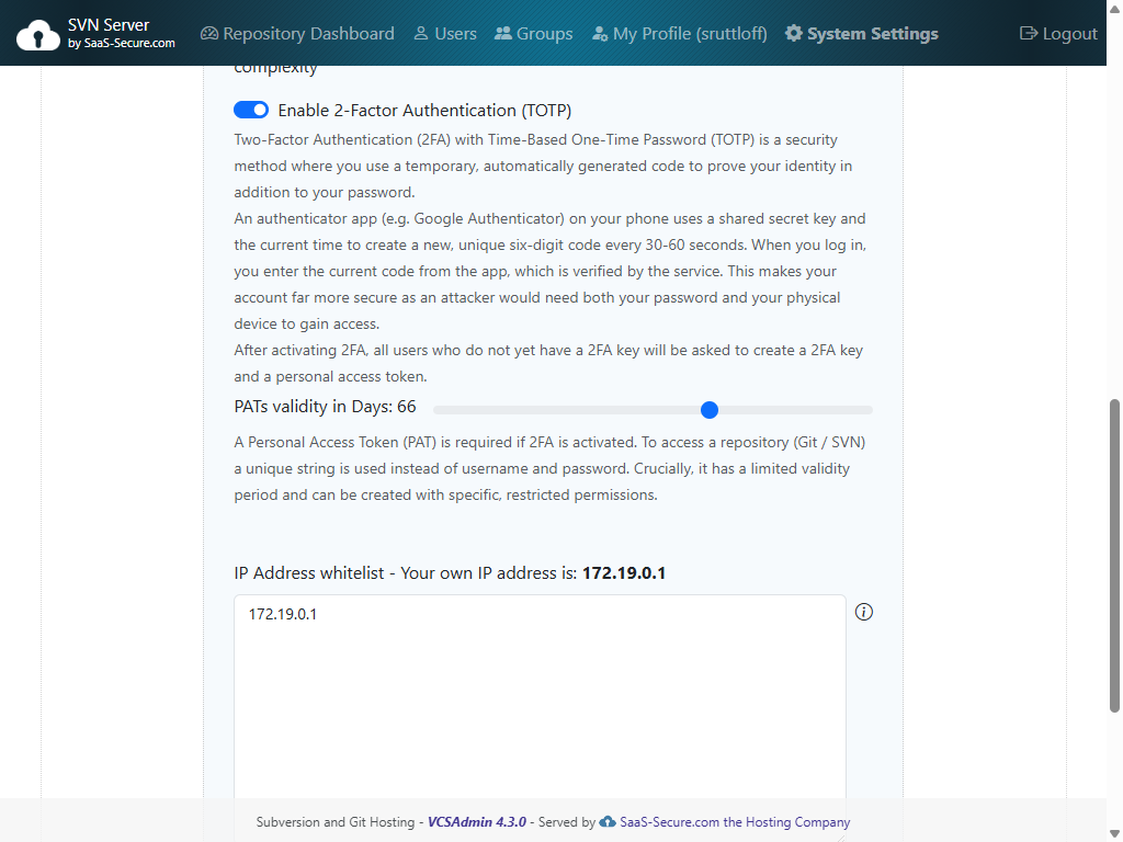 System settings of 2-factor authentication